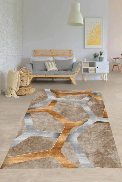 Makinede Yıkanabilir Leke Tutmaz  Kahverengi Pvc Deri Kaymaz Taban Modern Salon Saçaksız Halı A112  ÇOKLU 80 x 400