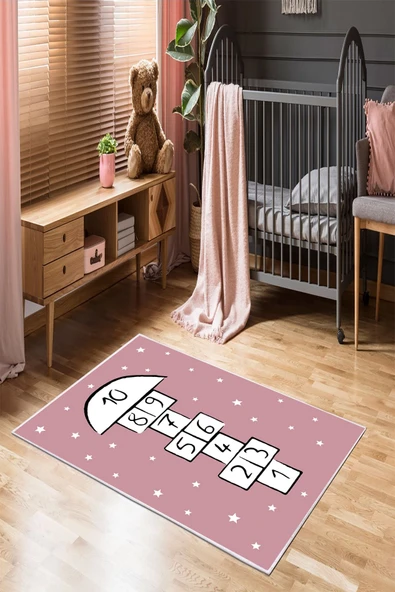 Makinede Yıkanabilir Leke Tutmaz  Pembe Pvc Deri Kaymaz Taban Seksek Çocuk Saçaksız Halı 568-01  ÇOKLU 120 x 180