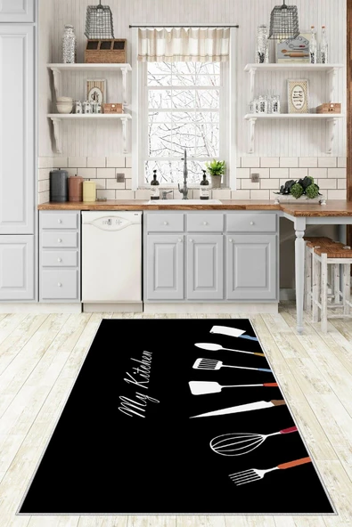 Makinede Yıkanabilir Leke Tutmaz  Siyah Pvc Deri Kaymaz Taban Kıtchen Mutfak Saçaksız Halı 639-00  ÇOKLU 100 x 140