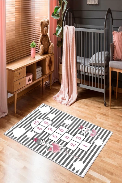 Makinede Yıkanabilir Leke Tutmaz  Beyaz-Gri Pvc Deri Kaymaz Taban Seksek Çocuk Saçaksız Halı 581-00  ÇOKLU 80 x 200