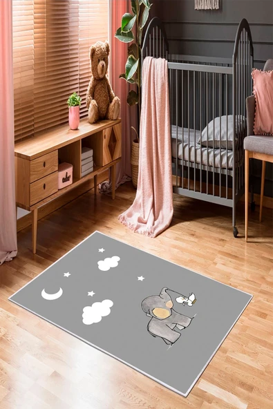 Makinede Yıkanabilir Leke Tutmaz  Gri Pvc Deri Kaymaz Taban Fil Çocuk Saçaksız Halı 593-04  ÇOKLU 120 x 180