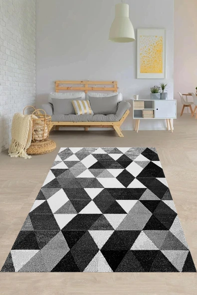 Makinede Yıkanabilir Leke Tutmaz  Siyah-Beyaz Pvc Deri Kaymaz Taban Modern Salon Saçaksız Halı A121  ÇOKLU 80 x 200