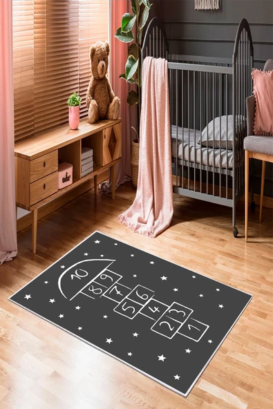 Makinede Yıkanabilir Leke Tutmaz  Antrasit Pvc Deri Kaymaz Taban Seksek Çocuk Saçaksız Halı 568-02  ÇOKLU 120 x 180