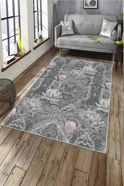 Makinede Yıkanabilir Leke Tutmaz  Gri-Pembe Pvc Deri Kaymaz Taban Vintage Salon Saçaksız Halı A135  PEMBE 80 x 200