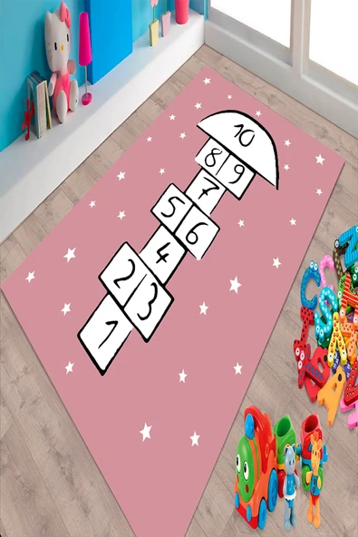 Makinede Yıkanabilir Leke Tutmaz  Pembe Pvc Deri Kaymaz Taban Seksek Çocuk Saçaksız Halı 568-01  ÇOKLU 80 x 300 - 3