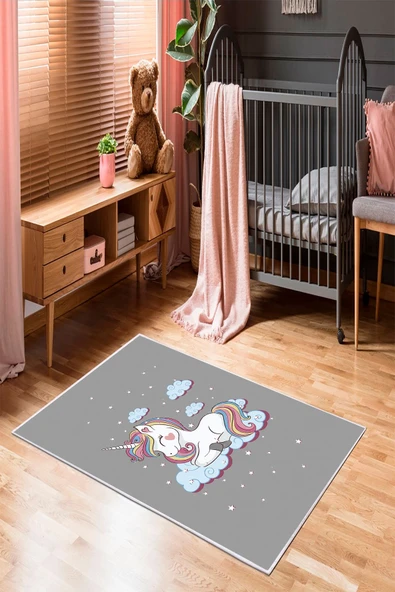 Makinede Yıkanabilir Leke Tutmaz  Gri Pvc Deri Kaymaz Taban Unicorn Çocuk Saçaksız Halı 594-01  ÇOKLU 100 x 200