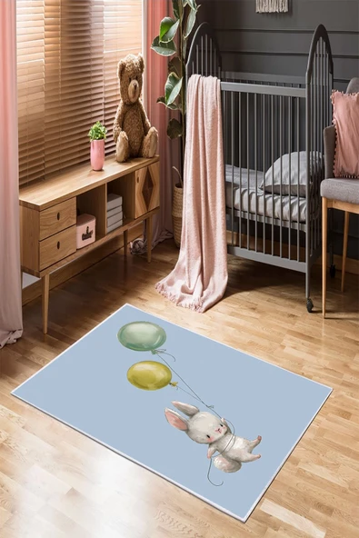 Makinede Yıkanabilir Leke Tutmaz  Mavi Pvc Deri Kaymaz Taban Tavşan Çocuk Saçaksız Halı 588-02  ÇOKLU 80 x 140