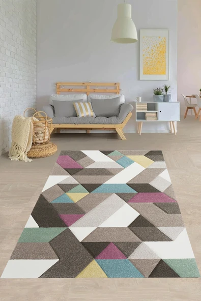 Makinede Yıkanabilir Leke Tutmaz  Renkli Pvc Deri Kaymaz Taban Modern Salon Saçaksız Halı A118  ÇOKLU 160 x 230
