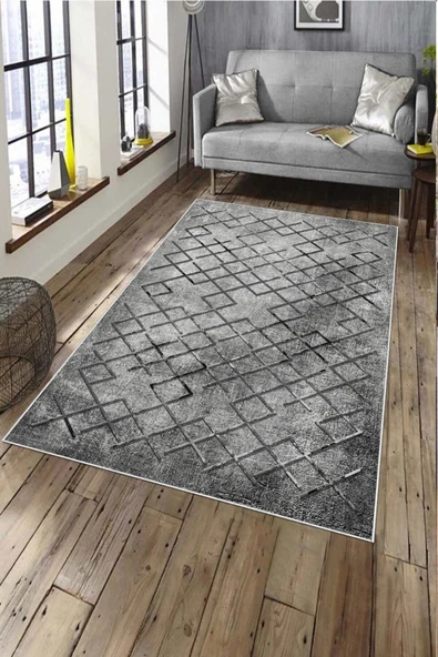 Makinede Yıkanabilir Leke Tutmaz  Gri Deko Deri Kaymaz Taban Vintage Salon Saçaksız Halı A128  GRİ 100 x 200