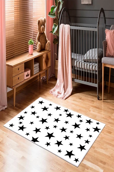 Makinede Yıkanabilir Leke Tutmaz  Beyaz-Siyah Pvc Deri Kaymaz Taban Yıldız Çocuk Saçaksız Halı 89-00  ÇOKLU 100 x 140