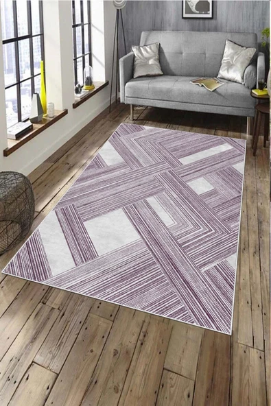 Makinede Yıkanabilir Leke Tutmaz  Mürdüm Deko Deri Kaymaz Taban Modern Salon Saçaksız Halı A139  MÜRDÜM 80 x 150