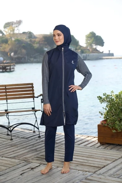 Estiva 25950 Lacivert Marin Fermuarlı Desenli Tam Boy Tesettür Mayo - 18