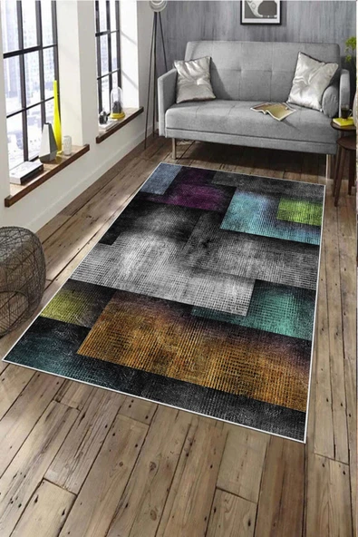 Makinede Yıkanabilir Leke Tutmaz  Multi Pvc Deri Kaymaz Taban Modern Salon Saçaksız Halı A149  MULTİ 80 x 150