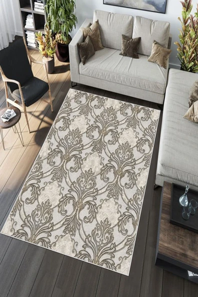 Makinede Yıkanabilir Leke Tutmaz  Vizon Pvc Deri Kaymaz Taban Modern Salon Saçaksız Halı A141  VİZON 200 x 300 - 5