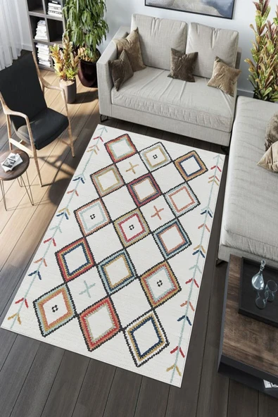 Makinede Yıkanabilir Leke Tutmaz  Beyaz-Multi Deko Deri Kaymaz Taban İskandinav Salon Saçaksız Halı A150  BEYAZ-MULTİ 80 x 200 - Resim 5