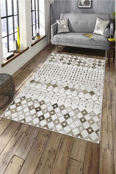 Makinede Yıkanabilir Leke Tutmaz  Kahverengi Deko Deri Kaymaz Taban İskandinav Salon Saçaksız Halı A153  KAHVERENGİ 80 x 300