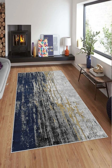 Makinede Yıkanabilir Leke Tutmaz  Lacivert Pvc Deri Kaymaz Taban Modern Salon Saçaksız Halı A157  LACİVERT 80 x 300 - 3