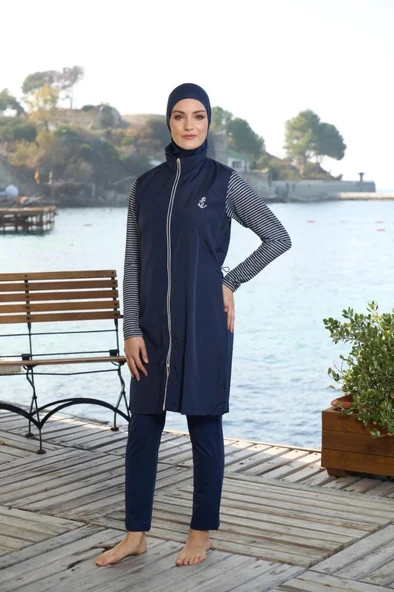 Estiva 25950 Lacivert Marin Fermuarlı Desenli Tam Boy Tesettür Mayo - 10