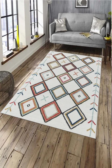 Makinede Yıkanabilir Leke Tutmaz  Beyaz-Multi Deko Deri Kaymaz Taban İskandinav Salon Saçaksız Halı A150  BEYAZ-MULTİ 80 x 150 ürün görseli