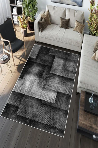 Makinede Yıkanabilir Leke Tutmaz  Siyah Deko Deri Kaymaz Taban Modern Salon Saçaksız Halı A148  SİYAH 200 x 300 - 5