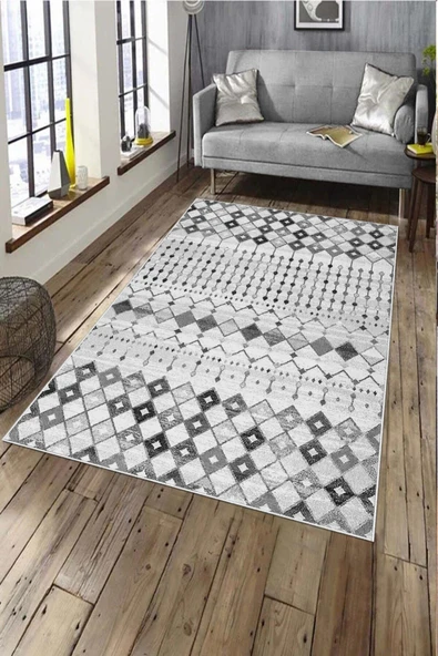 Makinede Yıkanabilir Leke Tutmaz  Gri Deko Deri Kaymaz Taban İskandinav Salon Saçaksız Halı A154  GRİ 120 x 180