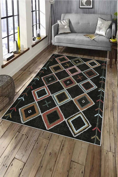 Makinede Yıkanabilir Leke Tutmaz  Antrasit Deko Deri Kaymaz Taban İskandinav Salon Saçaksız Halı A152  ANTRASİT-MULTİ 100 x 300