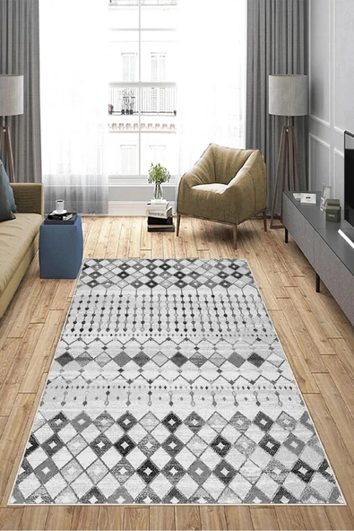 Makinede Yıkanabilir Leke Tutmaz  Gri Deko Deri Kaymaz Taban İskandinav Salon Saçaksız Halı A154  GRİ 80 x 300 - 3