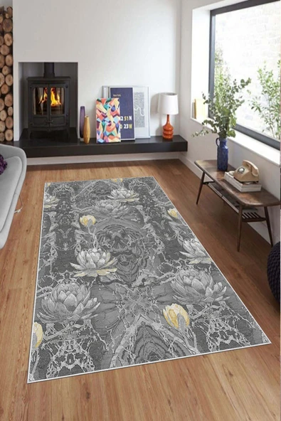 Makinede Yıkanabilir Leke Tutmaz  Sarı Pvc Deri Kaymaz Taban Vintage Salon Saçaksız Halı A136  SARI 100 x 200 - 3