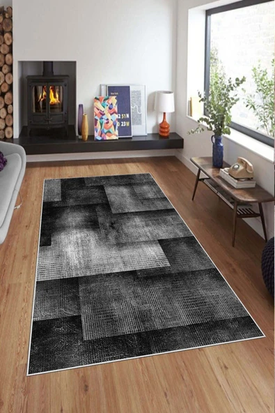 Makinede Yıkanabilir Leke Tutmaz  Siyah Deko Deri Kaymaz Taban Modern Salon Saçaksız Halı A148  SİYAH 200 x 300 - 3