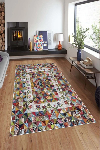 Makinede Yıkanabilir Leke Tutmaz  Multi Pvc Deri Kaymaz Taban Dekor Salon Saçaksız Halı A146  MULTİ 120 x 180 - 10