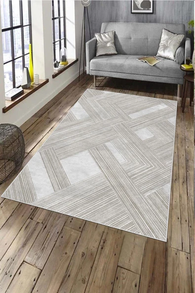 Makinede Yıkanabilir Leke Tutmaz  Vizon-Krem Deko Deri Kaymaz Taban Modern Salon Saçaksız Halı A138  VİZON-KREM 100 x 300