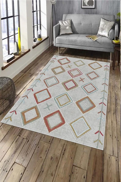 Makinede Yıkanabilir Leke Tutmaz  Gri-Multi Pvc Deri Kaymaz Taban İskandinav Salon Saçaksız Halı A151  GRİ-MULTİ 80 x 200