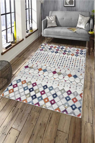 Makinede Yıkanabilir Leke Tutmaz  Multi Deko Deri Kaymaz Taban İskandinav Salon Saçaksız Halı A155  MULTİ 100 x 200