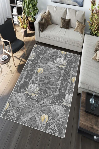Makinede Yıkanabilir Leke Tutmaz  Sarı Pvc Deri Kaymaz Taban Vintage Salon Saçaksız Halı A136  SARI 100 x 200 - 5