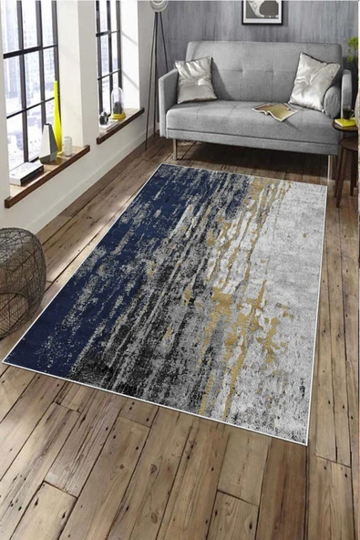 Makinede Yıkanabilir Leke Tutmaz  Lacivert Pvc Deri Kaymaz Taban Modern Salon Saçaksız Halı A157  LACİVERT 80 x 300 - 1