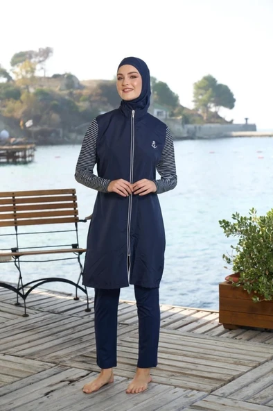 Estiva 25950 Lacivert Marin Fermuarlı Desenli Tam Boy Tesettür Mayo - 4
