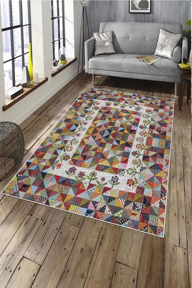 Makinede Yıkanabilir Leke Tutmaz  Multi Pvc Deri Kaymaz Taban Dekor Salon Saçaksız Halı A146  MULTİ 180 x 280