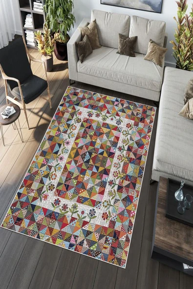 Makinede Yıkanabilir Leke Tutmaz  Multi Pvc Deri Kaymaz Taban Dekor Salon Saçaksız Halı A146  MULTİ 120 x 180 - 5