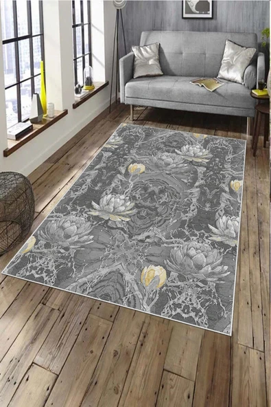 Makinede Yıkanabilir Leke Tutmaz  Sarı Pvc Deri Kaymaz Taban Vintage Salon Saçaksız Halı A136  SARI 80 x 300