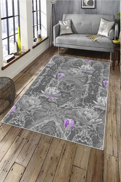 Makinede Yıkanabilir Leke Tutmaz  Mor Deko Deri Kaymaz Taban Vintage Salon Saçaksız Halı A137  MOR 200 x 300