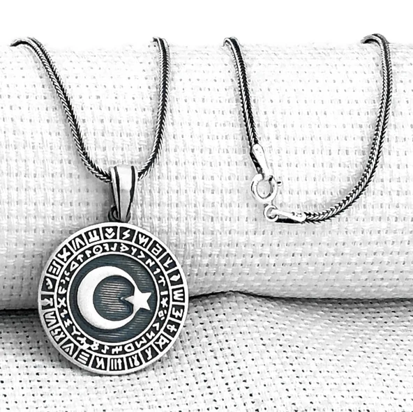 Göktürk Alfabesi Yazılı 925 Ayar Ayyıldız Gümüş Kolye - Resim 2