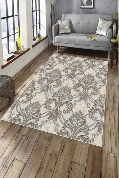 Makinede Yıkanabilir Leke Tutmaz  Vizon Pvc Deri Kaymaz Taban Modern Salon Saçaksız Halı A141  VİZON 160 x 230