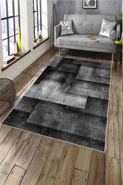 Makinede Yıkanabilir Leke Tutmaz  Siyah Deko Deri Kaymaz Taban Modern Salon Saçaksız Halı A148  SİYAH 160 x 230