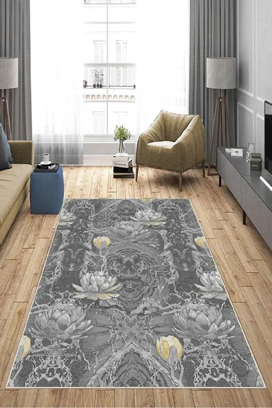 Makinede Yıkanabilir Leke Tutmaz  Sarı Pvc Deri Kaymaz Taban Vintage Salon Saçaksız Halı A136  SARI 100 x 200 - 4