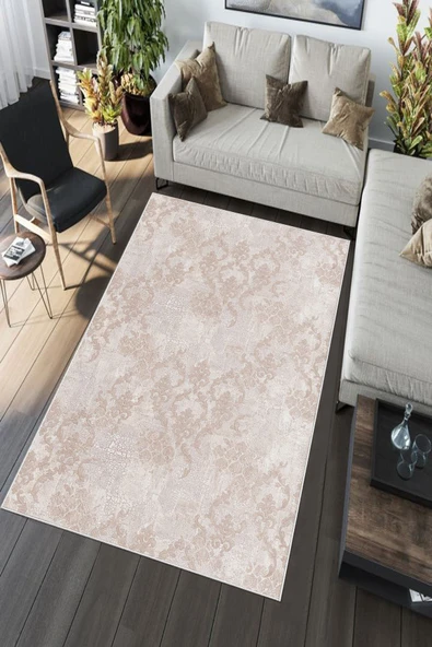 Makinede Yıkanabilir Leke Tutmaz  Pudra Deko Deri Kaymaz Taban Modern Salon Saçaksız Halı A160  PUDRA 80 x 300 - 5