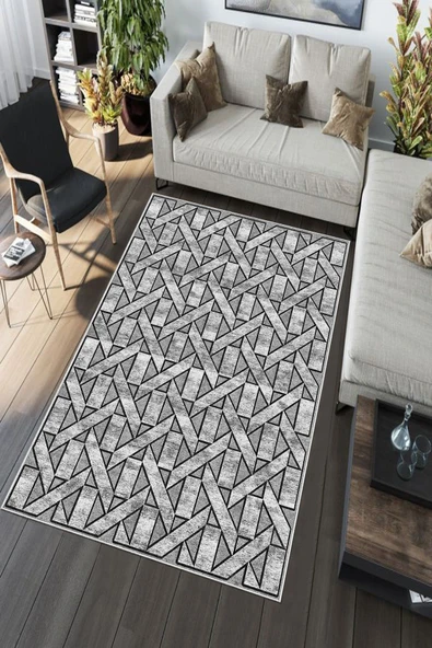 Makinede Yıkanabilir Leke Tutmaz  Gri Pvc Deri Kaymaz Tasarım Salon Saçaksız Halı A179  GRİ 80 x 200