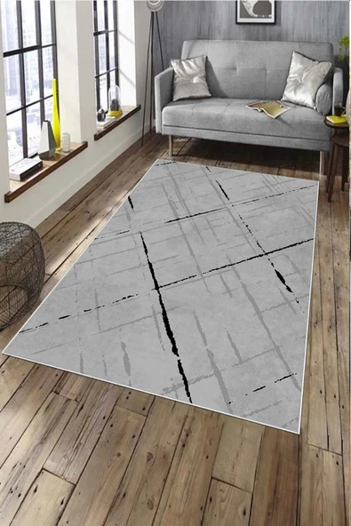 Makinede Yıkanabilir Leke Tutmaz  Gri Deko Deri Kaymaz Taban Modern Salon Saçaksız Halı A166  GRİ 100 x 200