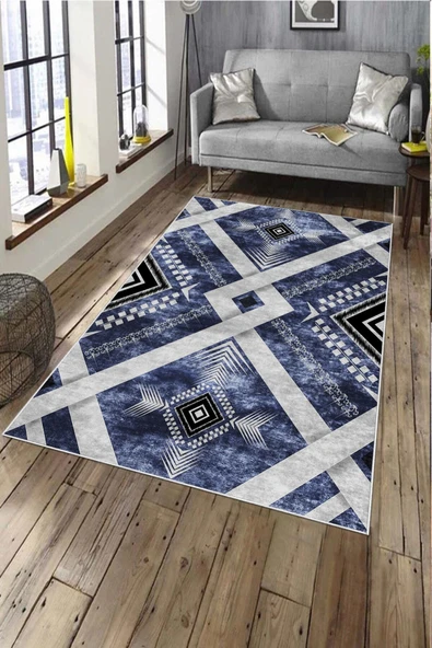 Makinede Yıkanabilir Leke Tutmaz  Mavi Deko Deri Kaymaz Taban Modern Salon Saçaksız Halı A176  MAVİ 80 x 200