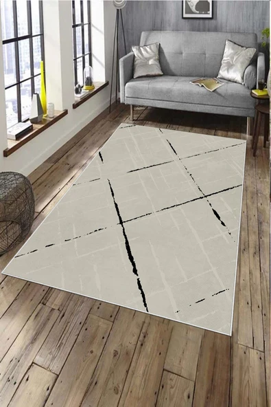 Makinede Yıkanabilir Leke Tutmaz  Krem Pvc Deri Kaymaz Taban Modern Salon Saçaksız Halı A165  KREM 180 x 280