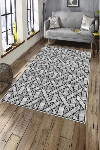 Makinede Yıkanabilir Leke Tutmaz  Gri Deko Deri Kaymaz Taban Tasarım Salon Saçaksız Halı A179  GRİ 180 x 280 ürün görseli